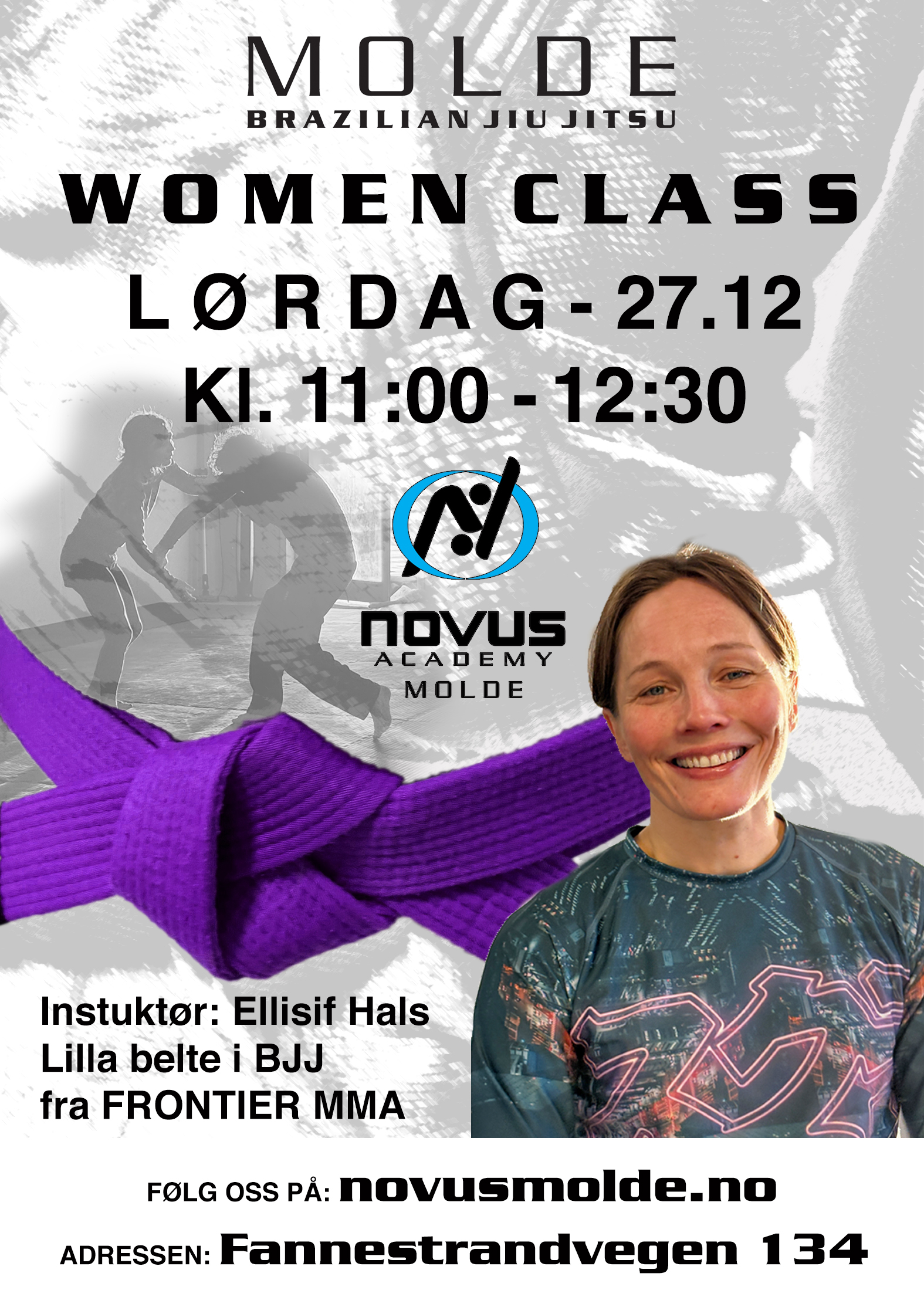 Plakat for BJJ kvinnetrening med Ellisif Hals hos Novus Academy Molde.